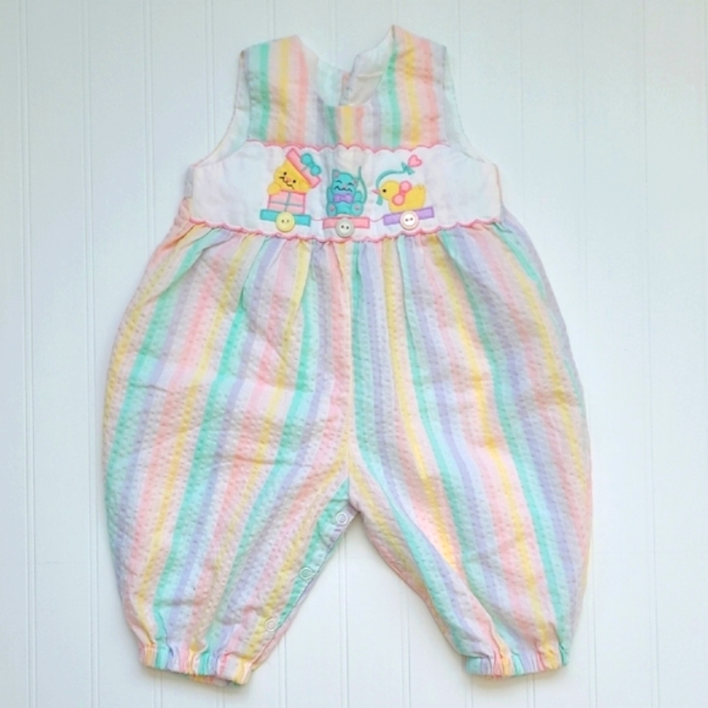 Vintage Pastel Striped Kids Overalls With Embroidery, Seersucker Fabric